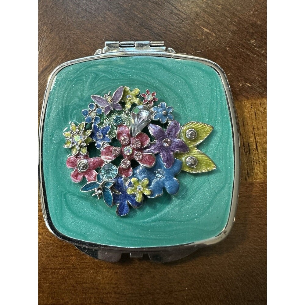 Vintage Silver Tone Enamel Butterfly Compact two Mirror's with Crystals Resin - Picture 3 of 5